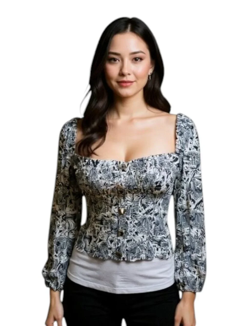 ASTR Smocked Corset Floral Top Square Neck Puff Sleeve Black White Size Medium